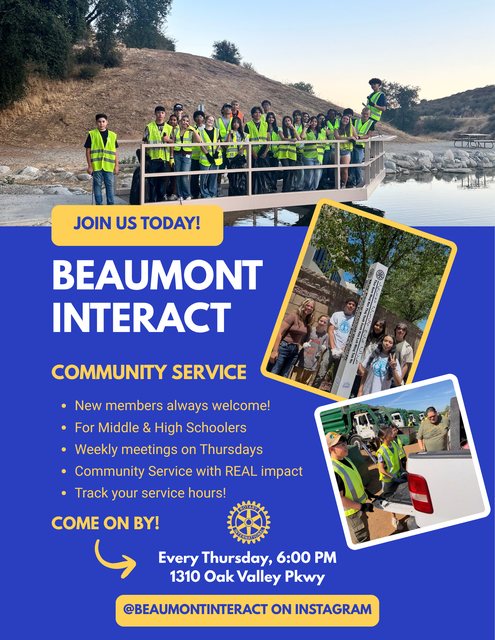 Beaumont Interact flyer. Cover photo shows students in safety vests on a lakeside dock after a cleanup. Text reads: Join us today. Beaumont Interact. Community service. New members always welcome, for middle and high schoolers, weekly meetings on Thursdays, community service with real impact, track your service hours. Every Thursday 6:00 PM, 1310 Oak Valley Pkwy. @beaumontinteract on Instagram.